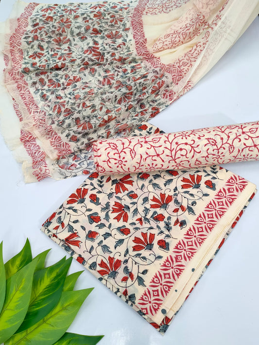 Hand Block Cotton Salwar Suit Set with Chiffon Dupatta  - TSPSCFVJ74