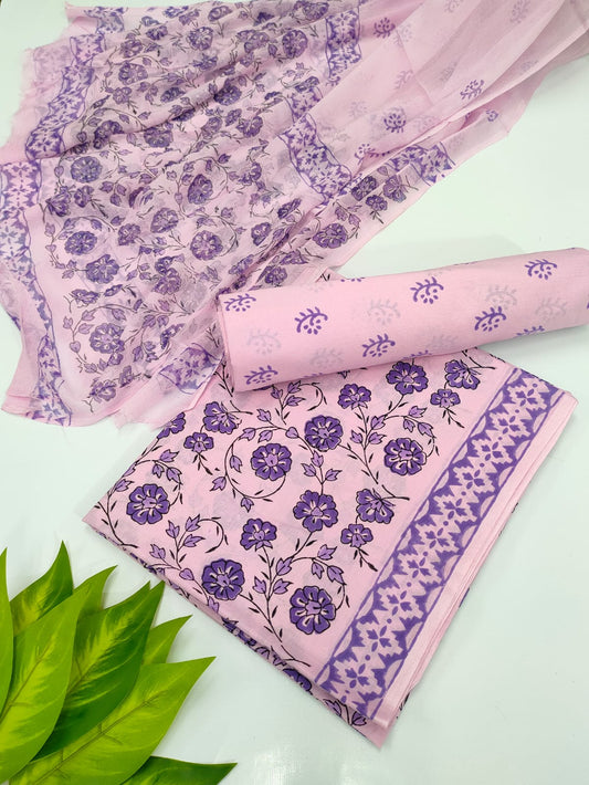 Hand Block Cotton Salwar Suit Set with Chiffon Dupatta  - TSPSCFVJ76