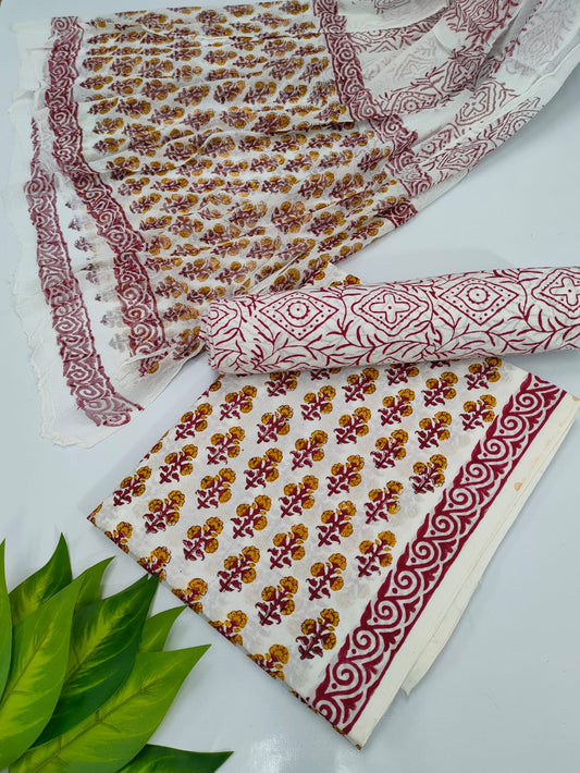 Hand Block Cotton Salwar Suit Set with Chiffon Dupatta  - TSPSCFVJ79