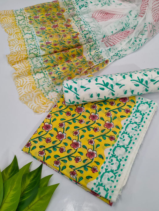 Hand Block Cotton Salwar Suit Set with Chiffon Dupatta  - TSPSCFVJ7