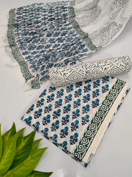 Hand Block Cotton Salwar Suit Set with Chiffon Dupatta  - TSPSCFVJ80