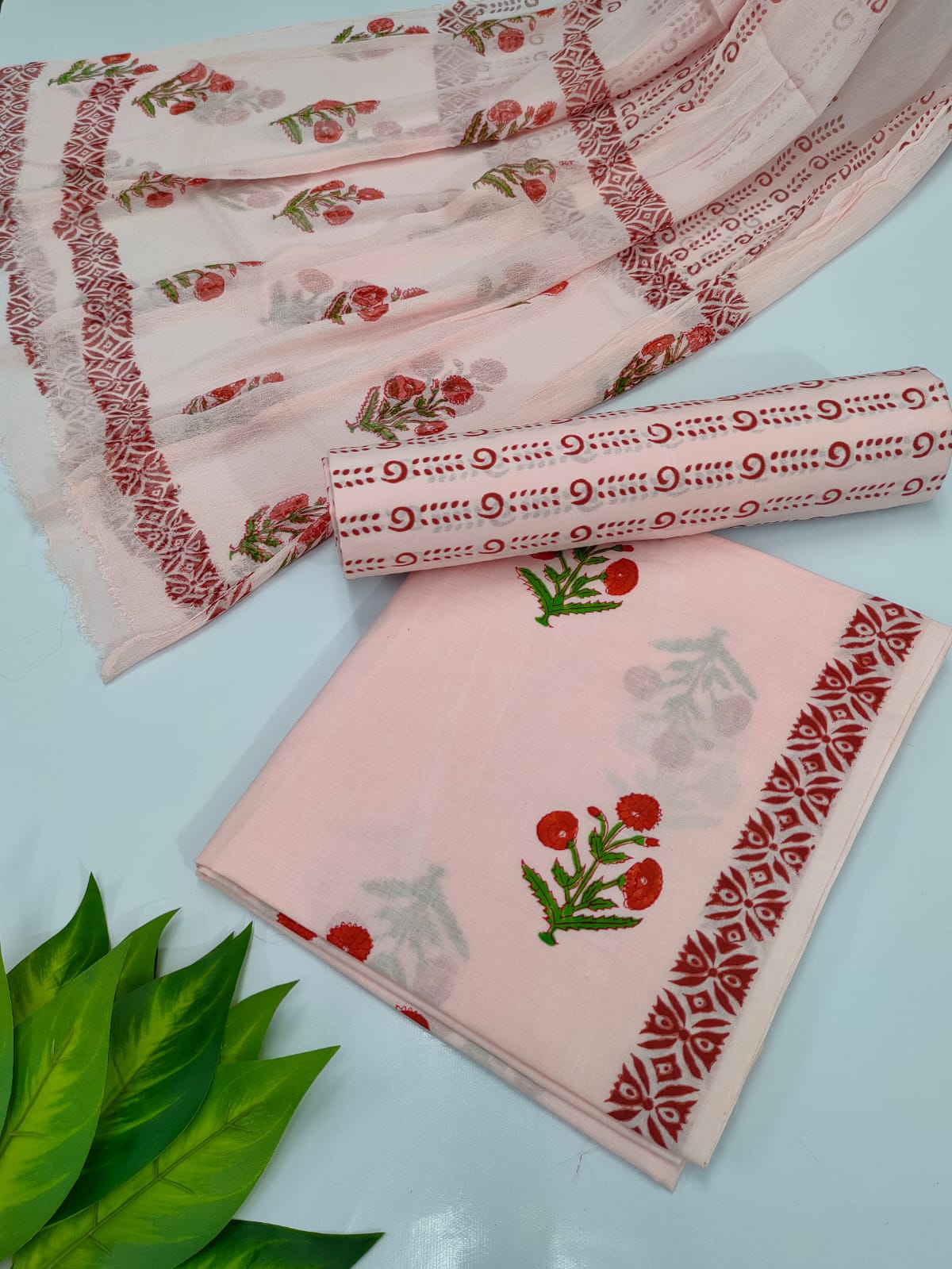 Hand Block Cotton Salwar Suit Set with Chiffon Dupatta  - TSPSCFVJ82
