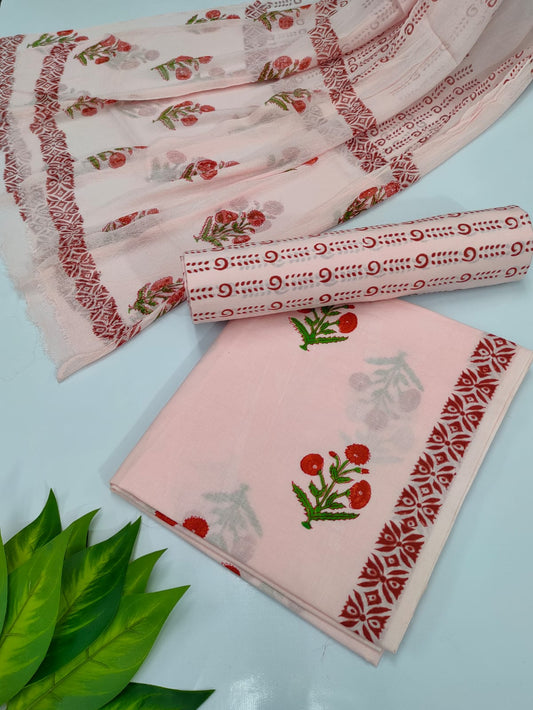 Hand Block Cotton Salwar Suit Set with Chiffon Dupatta  - TSPSCFVJ82