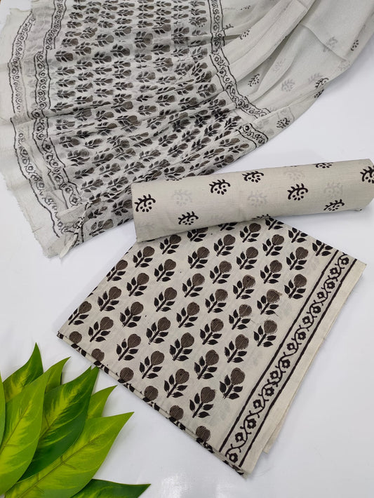 Hand Block Cotton Salwar Suit Set with Chiffon Dupatta  - TSPSCFVJ83