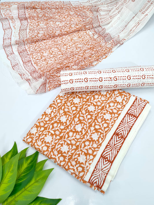 Hand Block Cotton Salwar Suit Set with Chiffon Dupatta  - TSPSCFVJ85