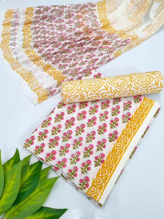 Hand Block Cotton Salwar Suit Set with Chiffon Dupatta  - TSPSCFVJ87
