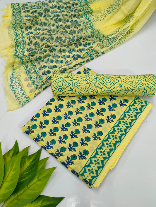 Hand Block Cotton Salwar Suit Set with Chiffon Dupatta  - TSPSCFVJ88