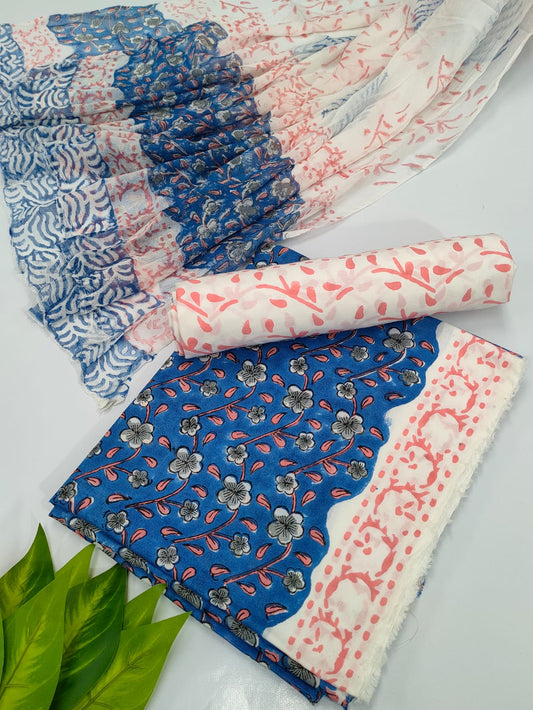 Hand Block Cotton Salwar Suit Set with Chiffon Dupatta  - TSPSCFVJ8