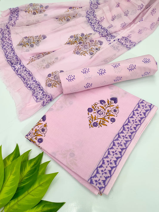 Hand Block Cotton Salwar Suit Set with Chiffon Dupatta  - TSPSCFVJ93