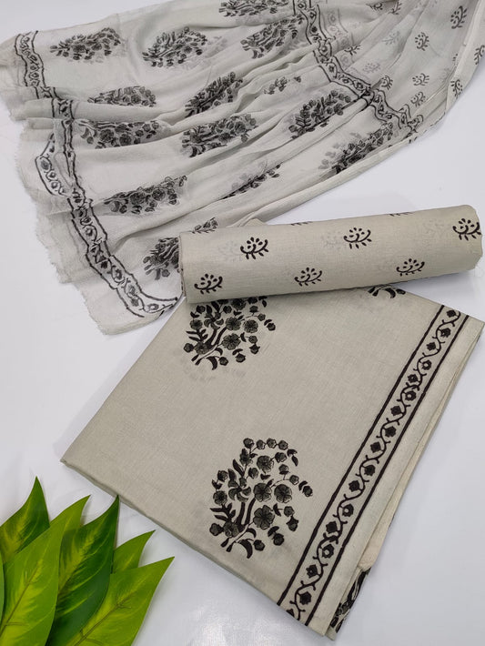 Hand Block Cotton Salwar Suit Set with Chiffon Dupatta  - TSPSCFVJ9