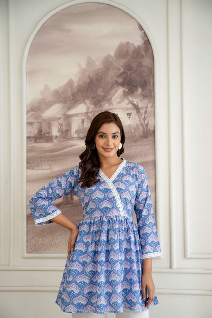 Floral Cotton Short Kurti –  V Neck Lace Detail - Blue Lavender