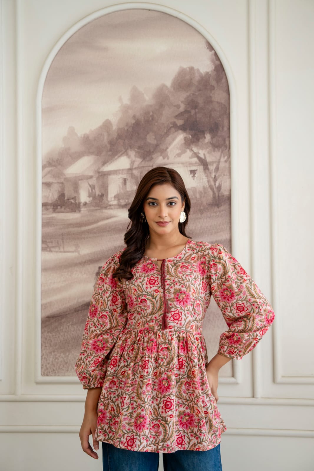 Floral Cotton Short Kurti – Tie-Up Neck Detail - Beige Pink