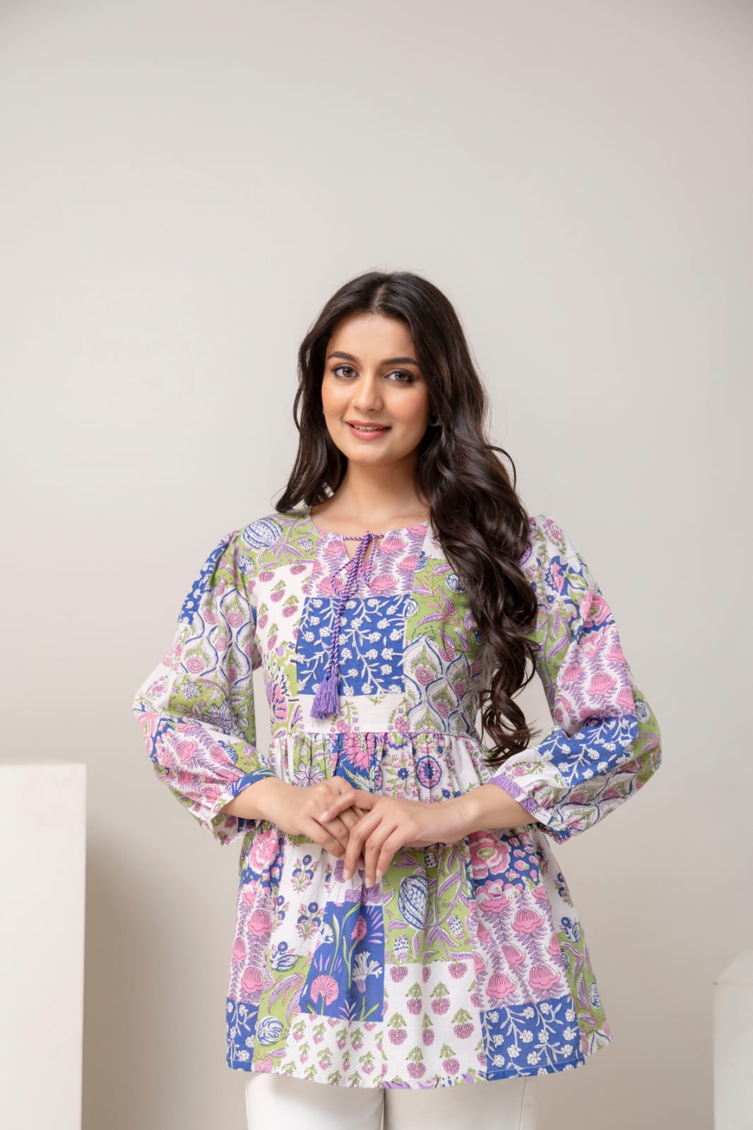 Patchwork Floral Cotton Short Kurti – Tie-Up Neck Detail - Multicolor