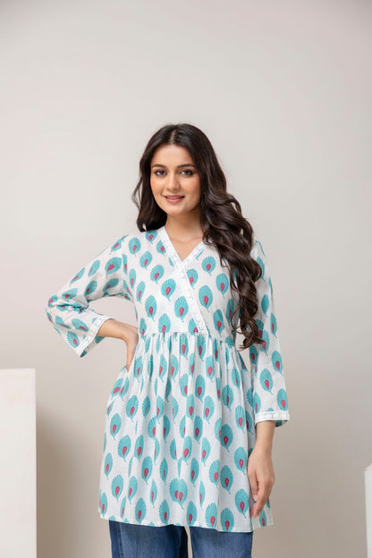Sky Blue Peacock Print Cotton Short Kurti – V Neck Lace Detail