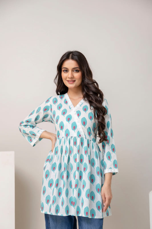 Sky Blue Peacock Print Cotton Short Kurti – V Neck Lace Detail