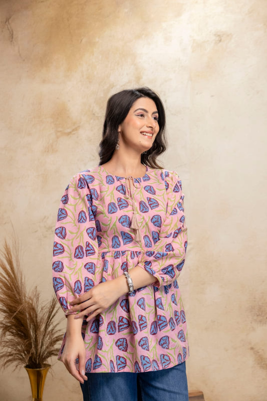 Pink Blue Printed Cotton Short Kurti – Tie-Up Neck Detail