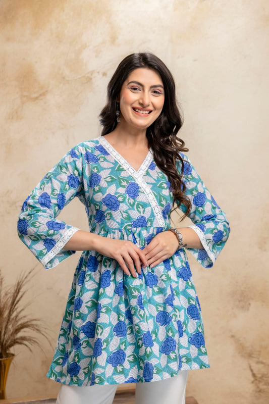 Teal Blue Floral Cotton Short Kurti – V Neck Lace Detail
