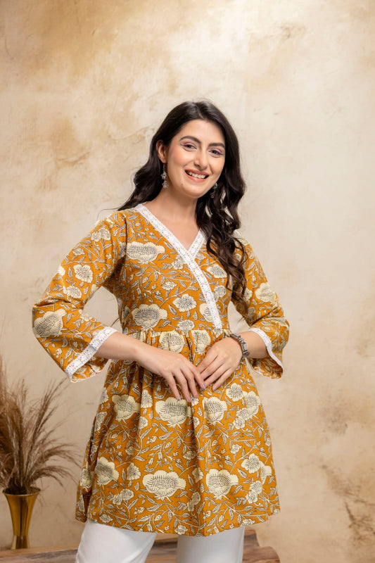 Mustard Floral Cotton Short Kurti – V Neck Lace Detail