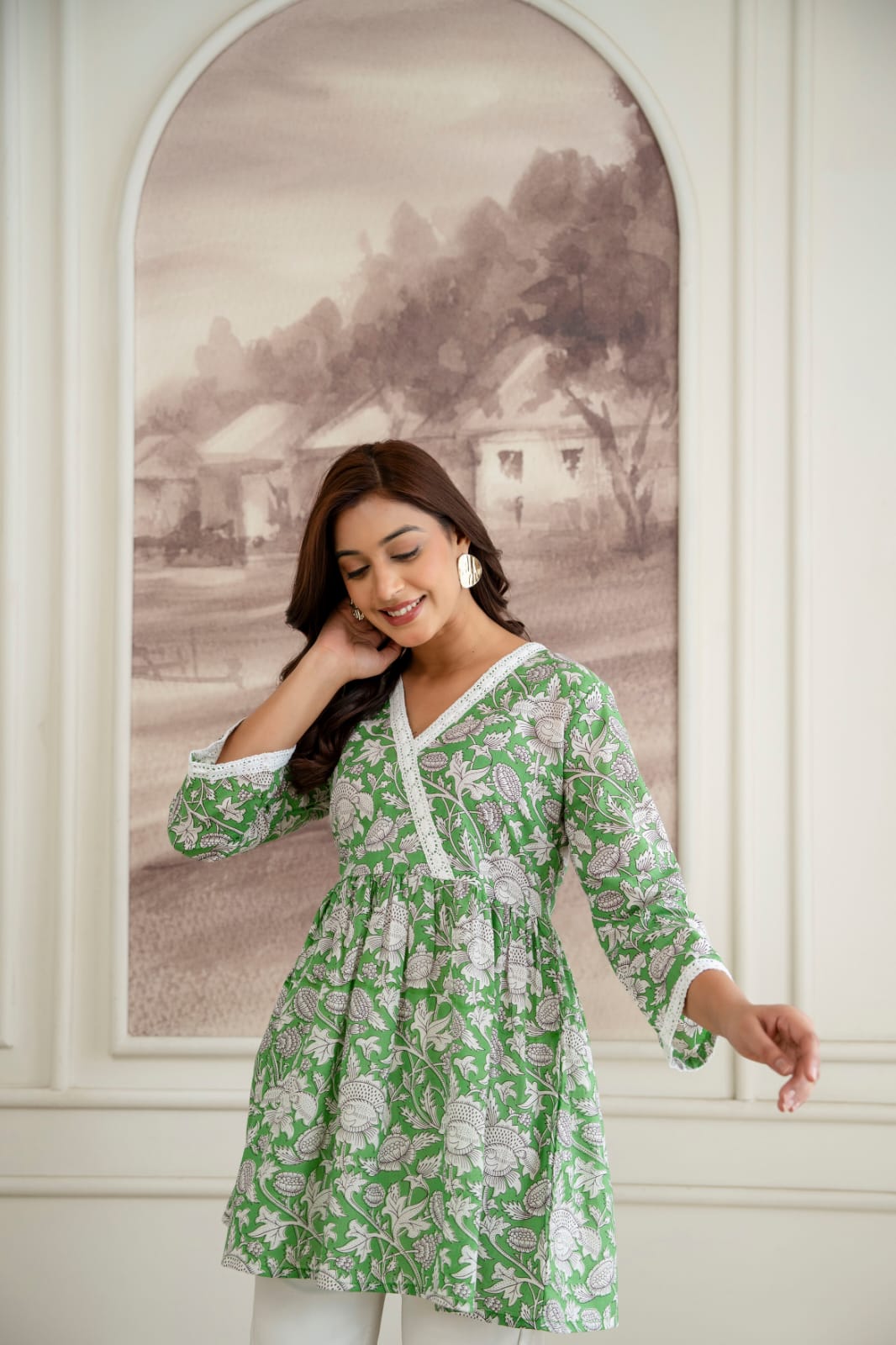 Floral Cotton Short Kurti –  V Neck Lace Detail - Green White