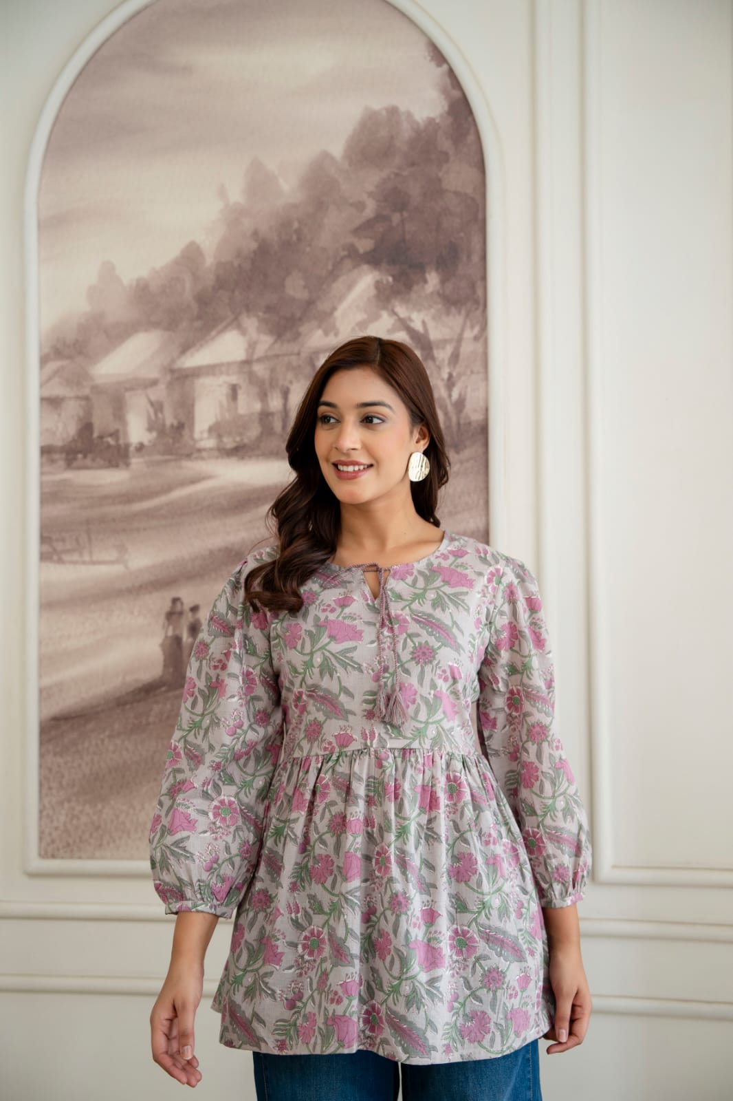 Floral Cotton Short Kurti – Tie-Up Neck Detail - Grey Pink
