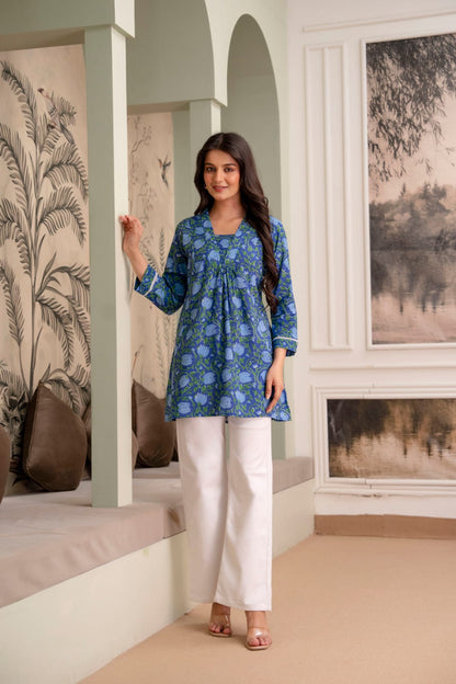Indigo Floral Cotton Short Kurti for Women