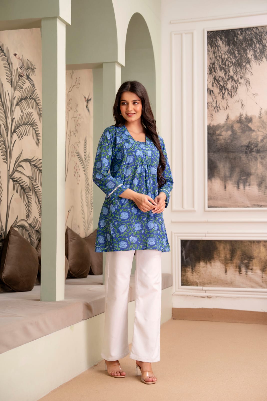 Indigo Floral Cotton Short Kurti for Women