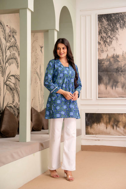 Indigo Floral Cotton Short Kurti for Women