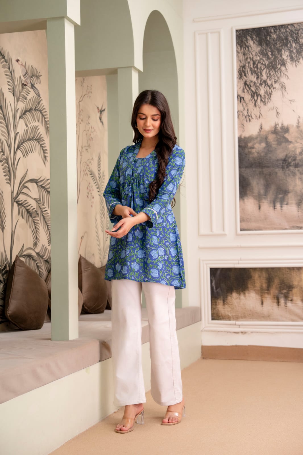 Indigo Floral Cotton Short Kurti for Women