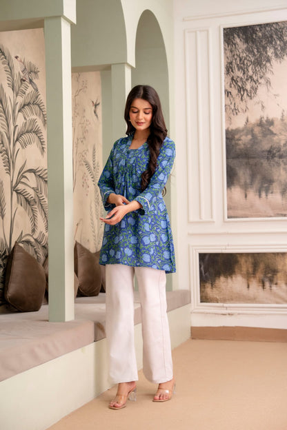 Indigo Floral Cotton Short Kurti for Women