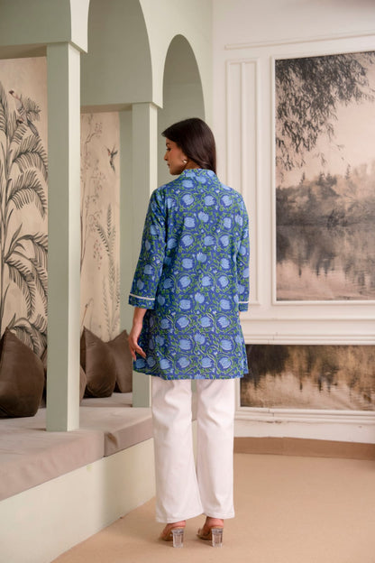 Indigo Floral Cotton Short Kurti for Women
