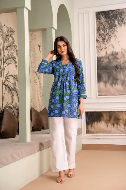 Indigo Floral Cotton Short Kurti for Women