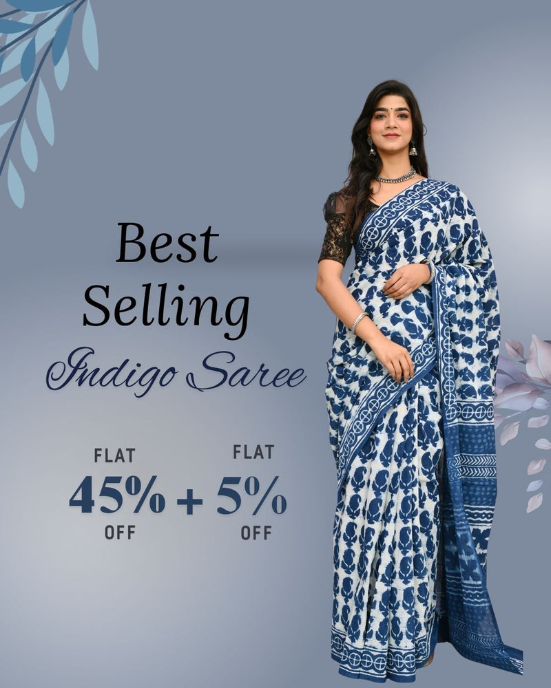 Indigo Dabu Cotton Sarees – Hand Block Printed Bagru - Bhavika Fashion