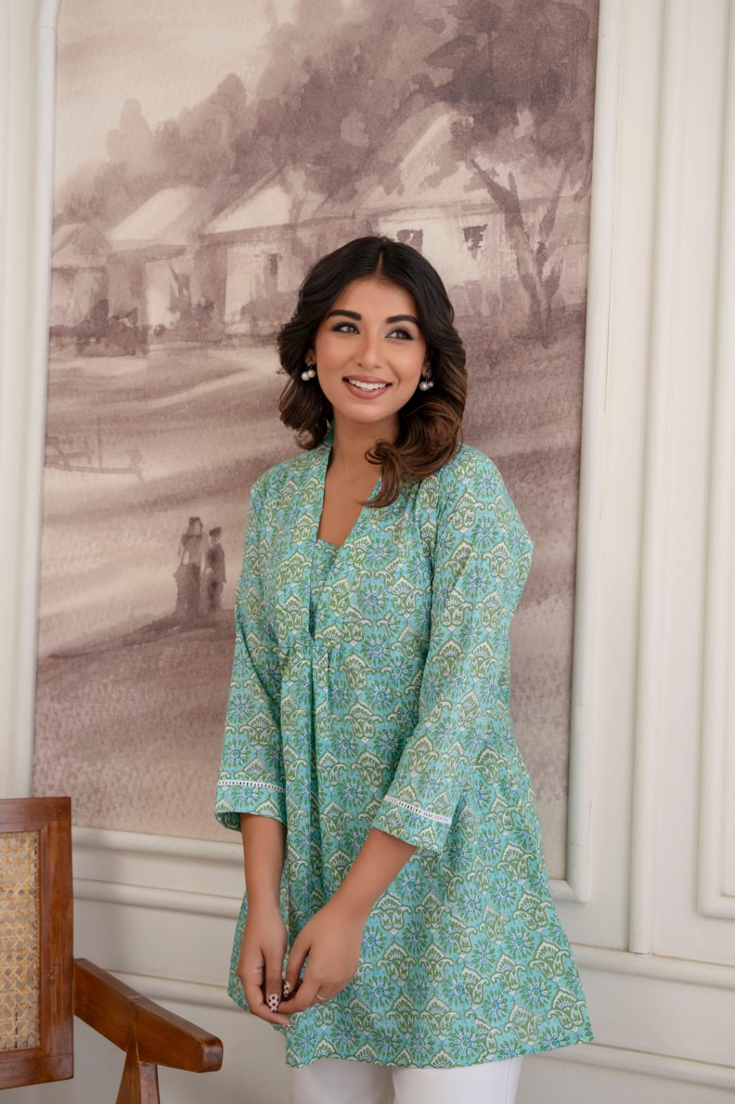 Mint Green Floral Cotton Short Kurti for Women