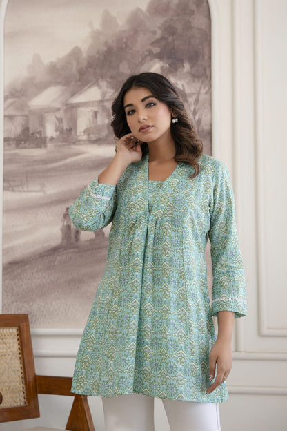 Mint Green Floral Cotton Short Kurti for Women