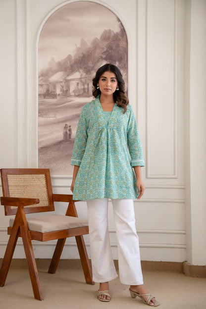 Mint Green Floral Cotton Short Kurti for Women