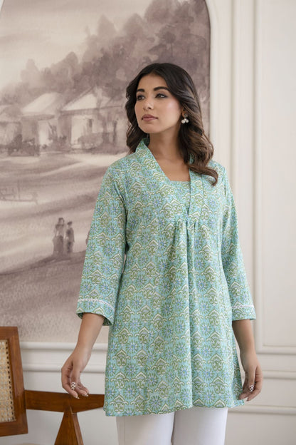 Mint Green Floral Cotton Short Kurti for Women