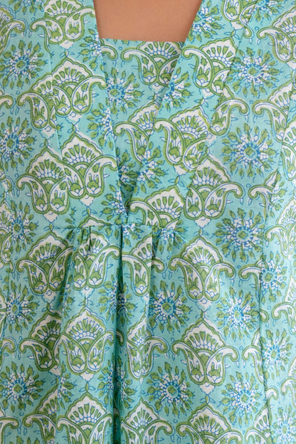 Mint Green Floral Cotton Short Kurti for Women