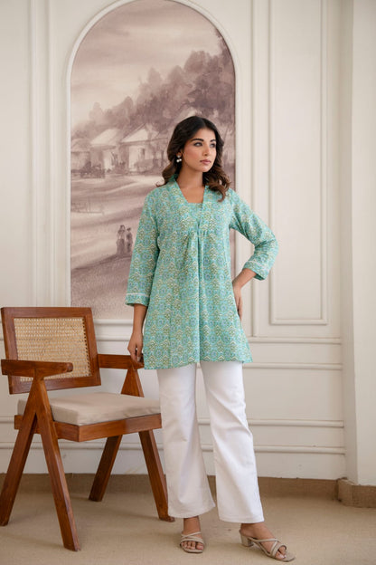 Mint Green Floral Cotton Short Kurti for Women