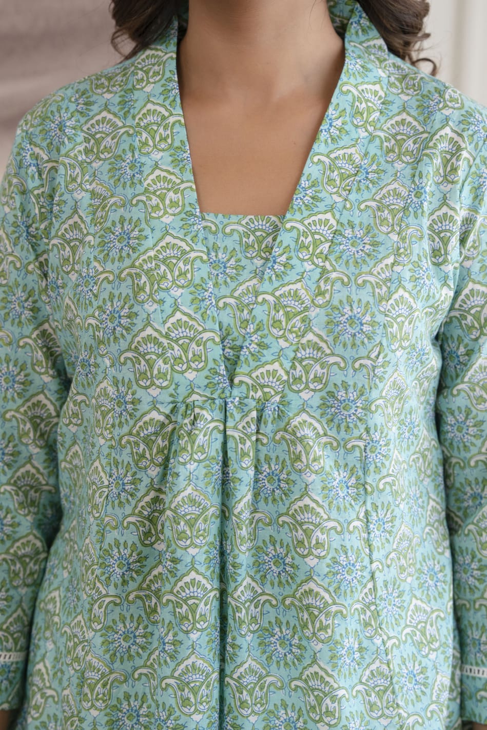 Mint Green Floral Cotton Short Kurti for Women