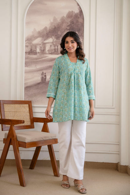 Mint Green Floral Cotton Short Kurti for Women