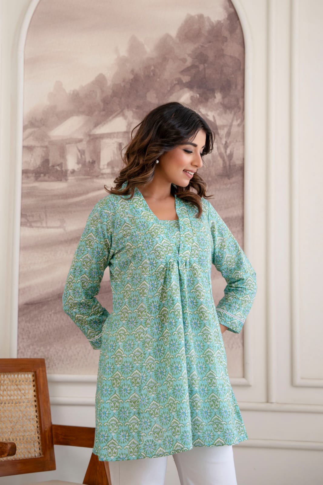Mint Green Floral Cotton Short Kurti for Women