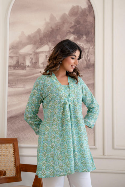 Mint Green Floral Cotton Short Kurti for Women