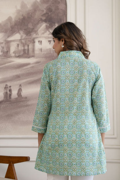 Mint Green Floral Cotton Short Kurti for Women