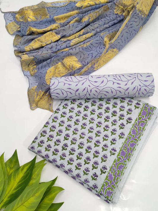Hand Block Cotton Salwar Suit Set with Chiffon Dupatta  - TSPSCFTPA2