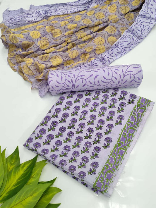 Hand Block Cotton Salwar Suit Set with Chiffon Dupatta  - TSPSCFTPA3