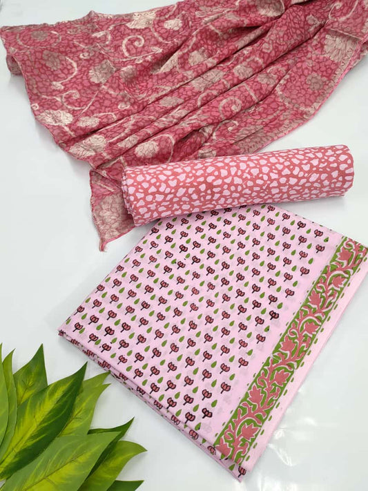 Hand Block Cotton Salwar Suit Set with Chiffon Dupatta  - TSPSCFTPA4
