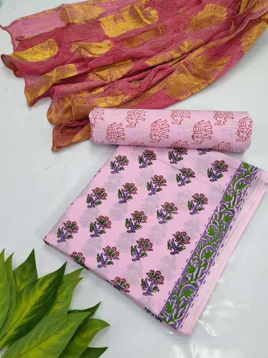 Hand Block Cotton Salwar Suit Set with Chiffon Dupatta  - TSPSCFTPA5