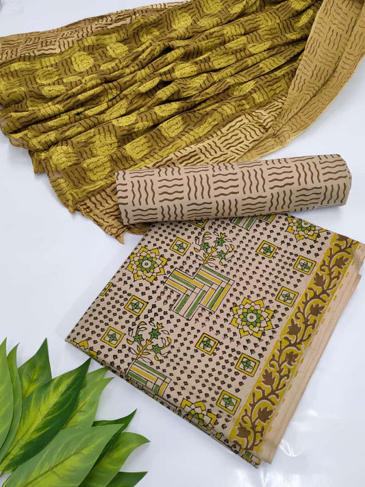 Hand Block Cotton Salwar Suit Set with Chiffon Dupatta  - TSPSCFTPA7