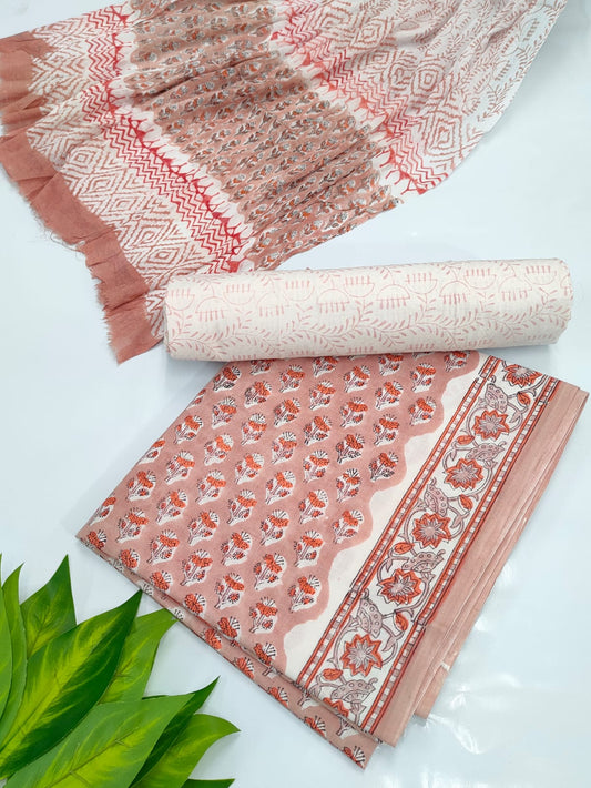 Hand Block Cotton Salwar Suit Set with Chiffon Dupatta  - TSPSCHVV10