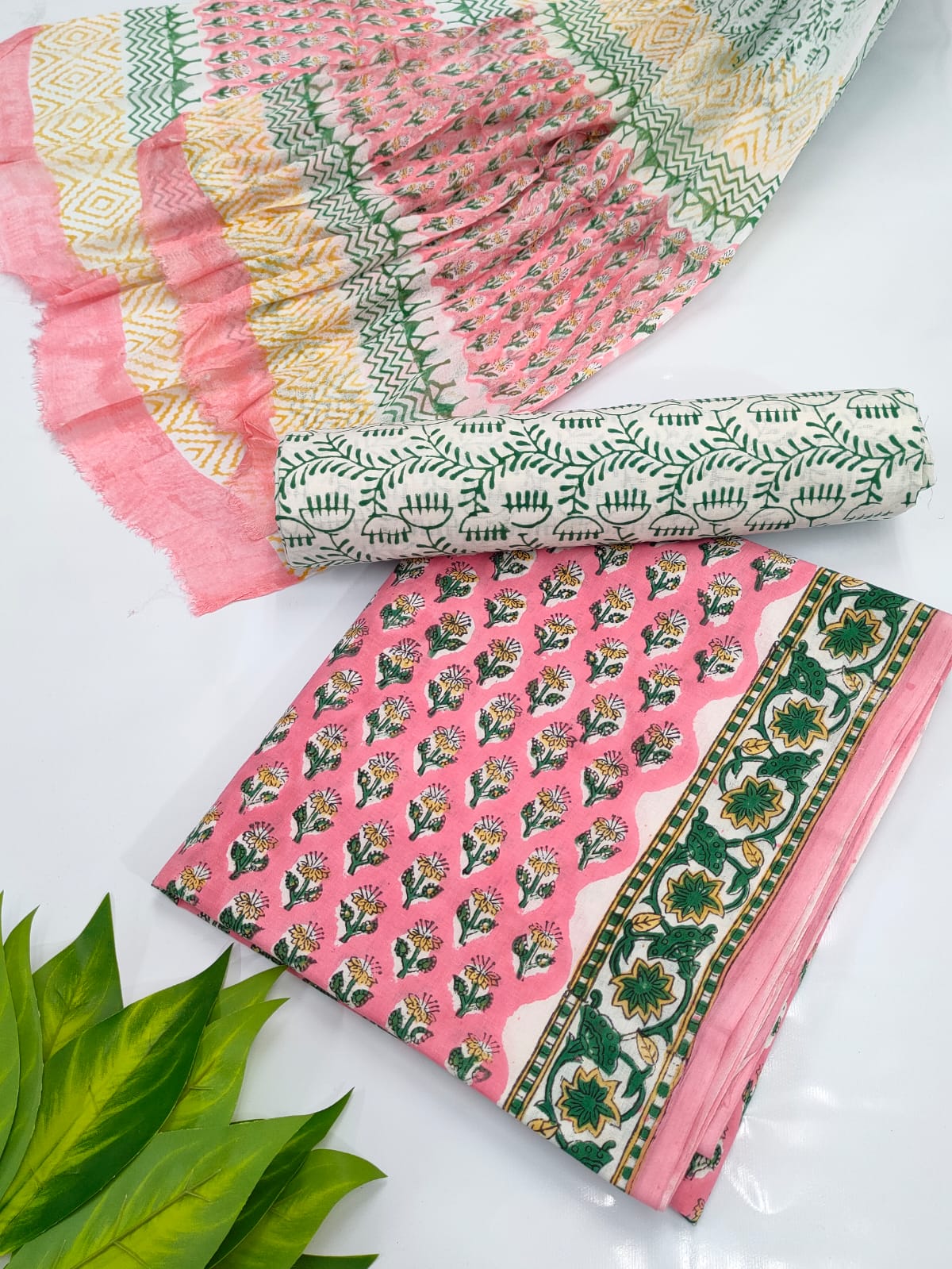 Hand Block Cotton Salwar Suit Set with Chiffon Dupatta  - TSPSCHVV11